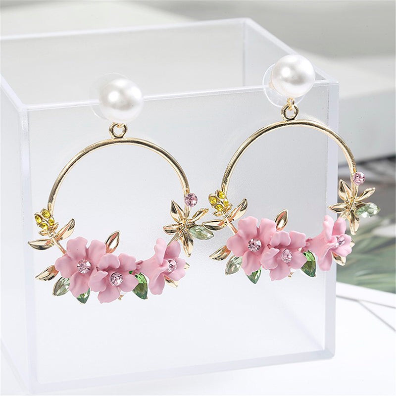 Trendy Cute Pink Flower Earrings For Women Girls Jewelry Female Rhinestone Gold Metal Round Circle Earrings Gift